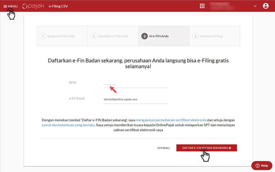 daftar efin badan di onlinepajak