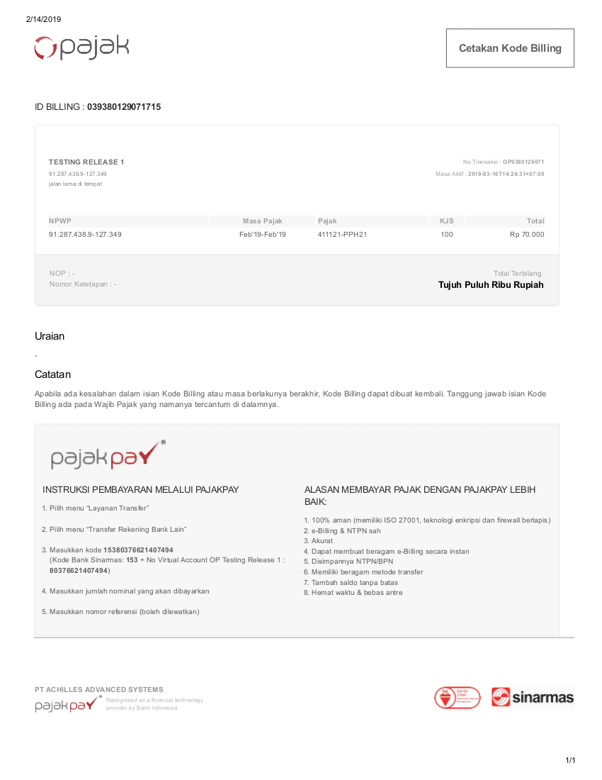 cetakan kode billing