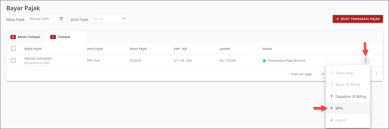 Anda bisa melakukan pengecekan atas BPN/NTPN di kolom Terbayar. Pilih menu 3 titik dipaling kanan dan klik Download BPN.