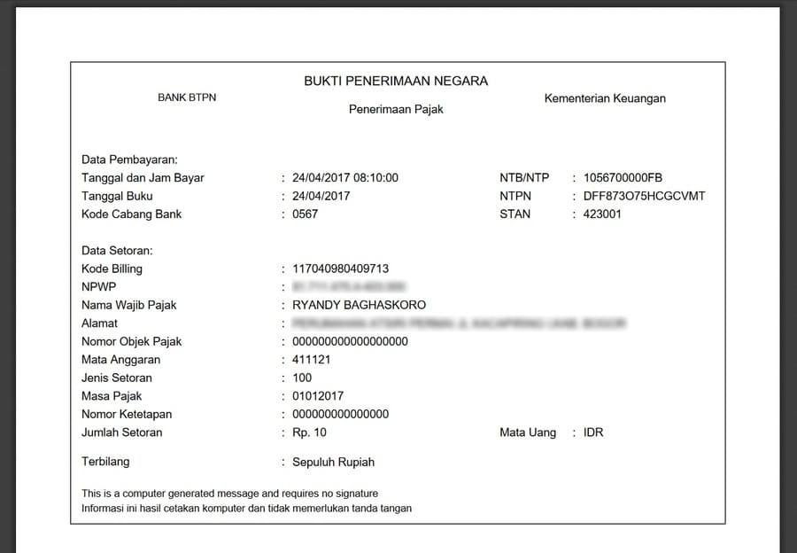 ntpn bukti bayar di onlinepajak