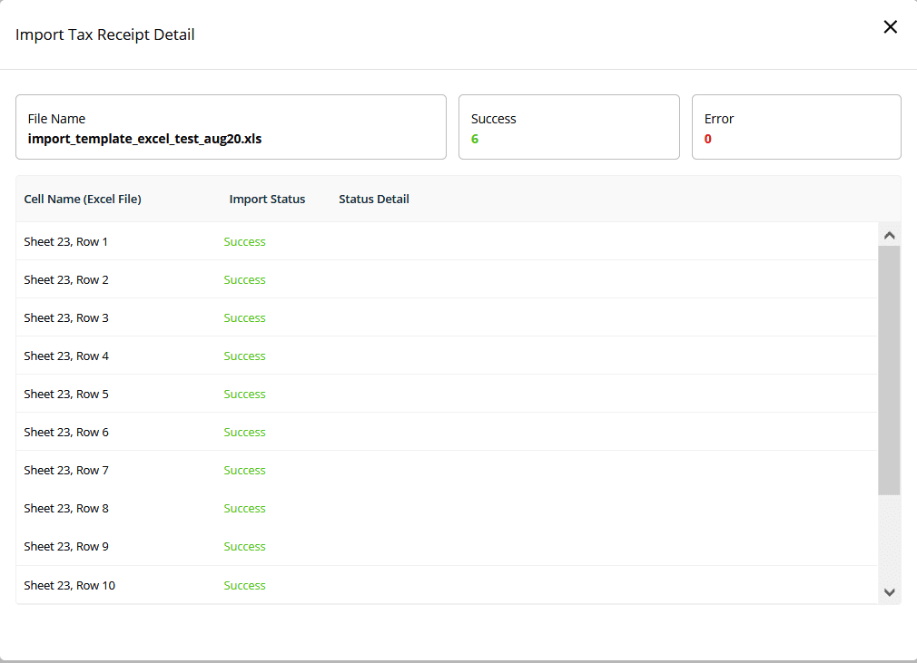 Tampilan Import Tax Receipt Detail yang berstatus sukses pada e-Bupot PPh 23/26 OnlinePajak
