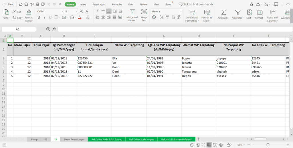 Format tampilan excel untuk impor bukti potong