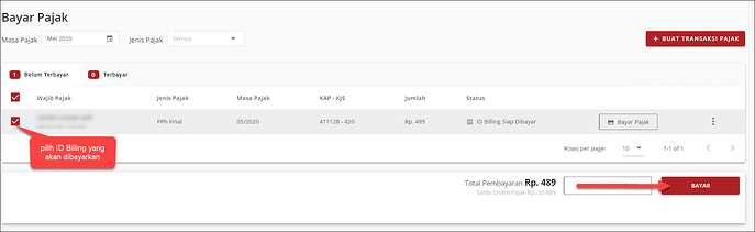 Pilih ID Billing yang akan dibayar dengan centang (√) kotak pada sebelah kiri ID Billing, kemudian klik "Bayar”.