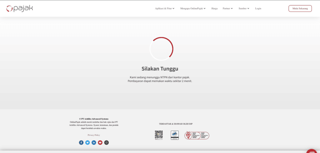 Tampilan yang muncul ketika pembayaran Anda tengah di proses oleh DJP.
