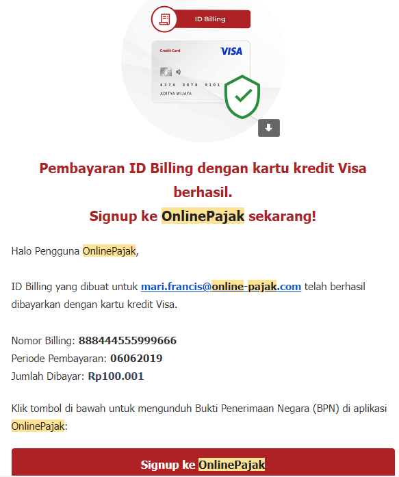 Tampilan notifikasi pembayaran pajak telah berhasil dan pemberitahuan untuk mengunduh Bukti Penerimaan Negara (BPN)