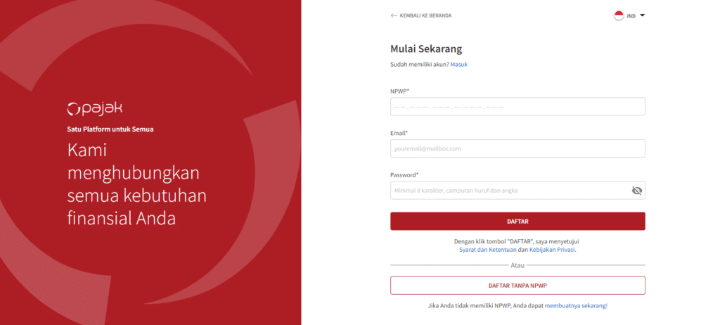 Tampilan halaman daftar di OnlinePajak